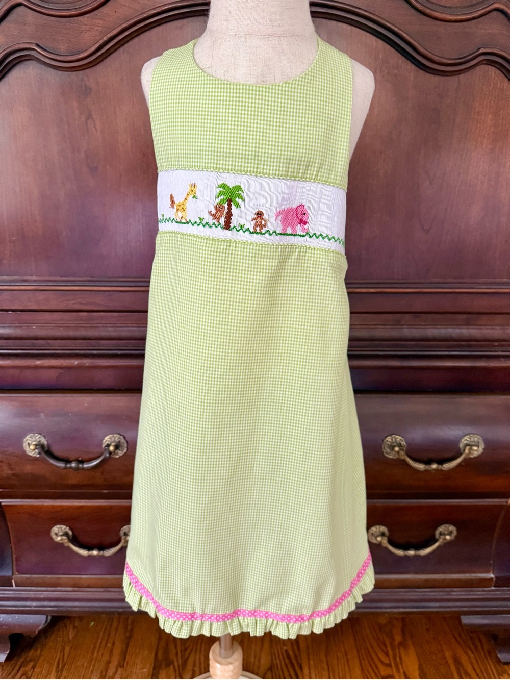 Vive La Fête Girls 5 Smocked Safari Zoo Animal Green Gingham Dress